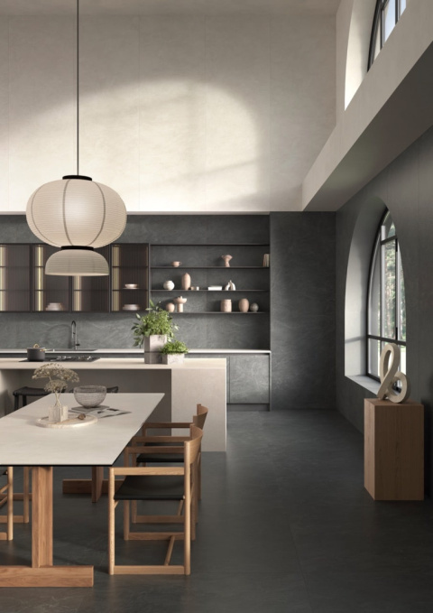VULCANO Slate - kuchnia podłogi i ściany w grafitowych  spiekach