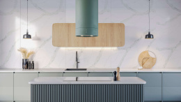 TechniStone Calacatta Pastino- idealne połaczenie z ciemnymi kolorami pasuje na ściany w kuchni