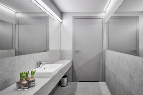 Technistone Noble Concrete Grey -Szarość betonu, łazienkiw a minimalistycznym wydaniu