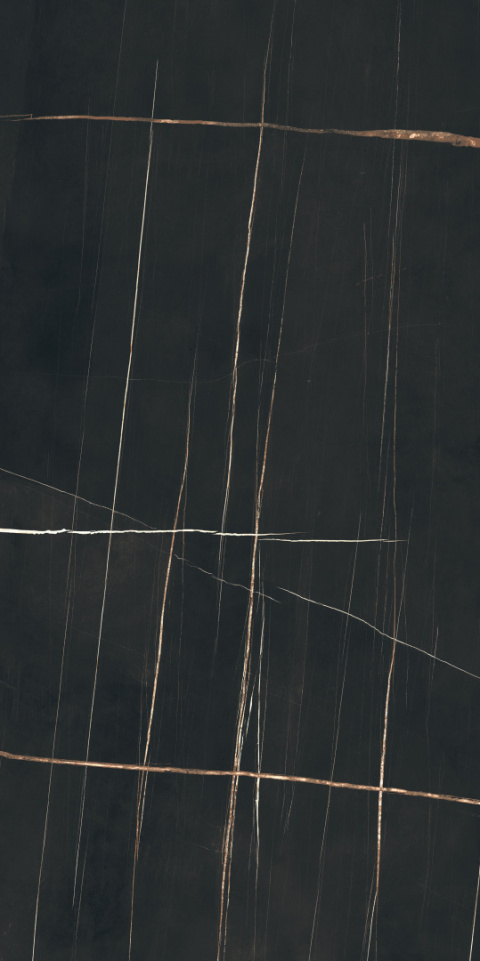 Florim Stone Sahara Noir -Czerń z wyrazistymi, nieregularnymi żyłkami w odcieniach bieli i złota.