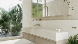 TechniStone Noble Villa - kremowo-beżowa powierzchnia z subtelnymi żyłkami podkreśla piękno kazdej łazienki