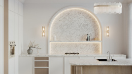 Technistone Romano Ricco -jasne wykończenie  kuchni: blaty robocze i ściana