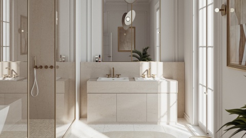 Taj Mahal Gold -  ściana łazienkowa i  szafka podumywalkowa w Ciepłym odcienie beżu i złota