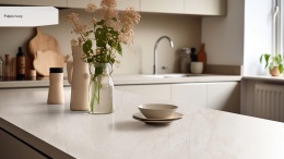 Blat kuchenny wykonany ze spieku Keralini Pulpis Ivory - w tonacji ciepłego beżu z subtelnym żyłkowaniem