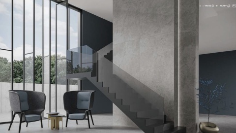 Salon -ściana ozdobna wyłożona szarym spiekiem TRI-D AUTHORITY GREY