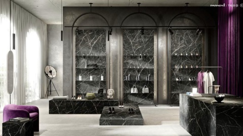 ściana sklepowa z półkami oraz lada wykonana z czarnego spiekuTRI-D DESIRE BLACK