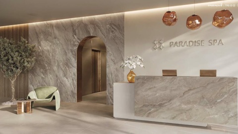 Lobby hotelu -lada ściana ozdobna wykonanae ze spieku kwarcowego TRI-D GENEROUS TAUPE