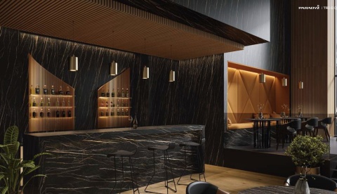 Restauracja- okładzina ścienna, wspa, Blaty stołów wykonanay ze  TRI-D PLEASURE BROWN Soft to brązowy spiek kwarcowy