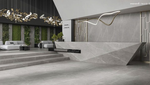 Lobby hotelowe  i podłoga wykonana z szarego spieku TRI-D RITUAL GREY 