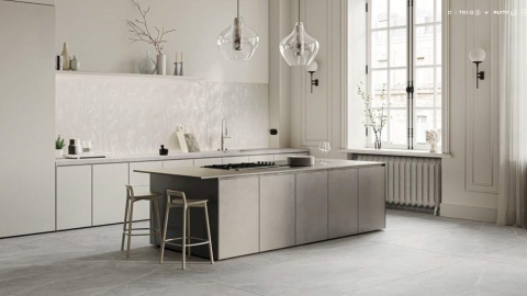 Kuchnia - wyspa, blaty robocze i podłoga wykonana z szarego spieku TRI-D RITUAL GREY 