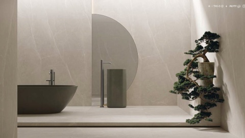 łazienka -ściany i podłoga wykonane ze TRI-D RITUAL TAUPE kolorystyka mieszanka beżu i szarości