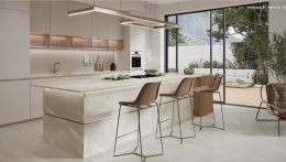 Kuchnia - wyspa kuchenna, blaty wykończone beżowo szarym Spiekiem TRI-D RITUAL TAUPE