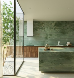 Itara to ekskluzywny kwarcyt naturalny z Brazylii w wyjątkowej, zielonkawej tonacji z jasnym, piaskowym żyłkowaniem