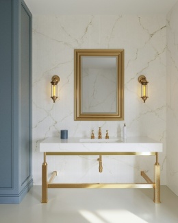 Silestone Blanc Elysee – jasny spiek kwarcowy z delikatnym żyłkowaniem sciana łazienkowa