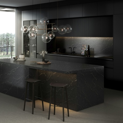 Silestone Romantic Ash – meska kuchnia w odcieniach czarnego i szarego z wyspą wykończeona szarym spiekiem