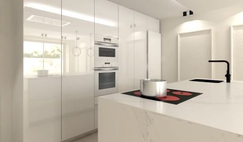 Silestone Ethereal Glow zastosowanao jako wtyspę kuchenna oraz wykończenie mebli kuchennych