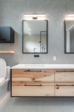 Silestone Miami Vena to neutralny spiek kwarcowy. Świetnie wygląda w łazience jako blat pod umywalki.