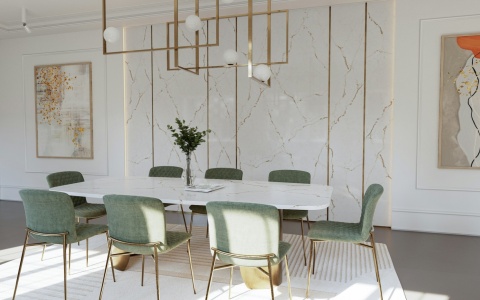 Versailles Ivory- jadalnia ściany i blat stołu wykonana ze spieków kwarcowych co daje poczucie spójności