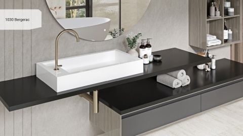 Wykończenie łazienki konglomeratem Avant Quartz Bergerac