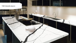 Avant Quartz Calacatta Ajaccio to biały konglomerat kwarcowy z kontrastowymi czarnymi żyłkami