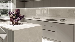 Avant Quartz Bretagne to beżowy konglomerat kwarcowy z jasnymi smugami, przypominający surowy beton