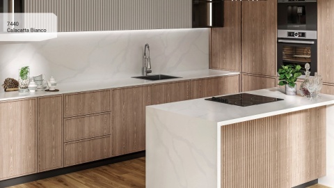 Wyspa kuchenna wykonana z konglomeratu Avant Quartz Calacatta Bianco