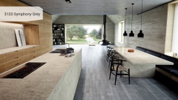 Caesarstone Symphony Grey to subtelny konglomerat kwarcowy w tonacji średniej szarości z delikatnym, nieregularnym żyłkowaniem
