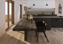 Blat wykonany ze spieku  Arte Brown o głębokiej, brązowej bazie z żyłkami w odcieniach beżu i szarości.