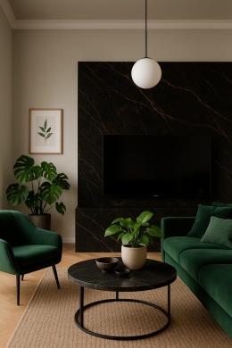 Stylowy salon z płytami Neolith Black Obsession i zielonymi dodatkami w nowoczesnej aranżacji wnętrza.