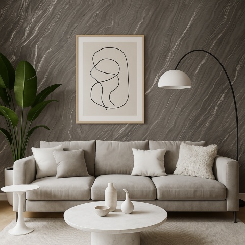 Nowoczesny salon z elegancką płytą Neolith Mar del Plata i stylowymi białymi dodatkami.