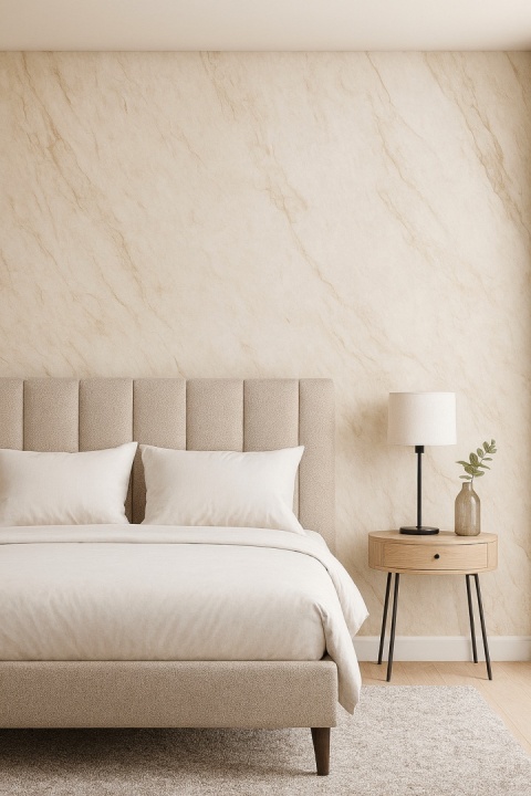 Ściana w sypialni pokryta spiekiem Taj Mahal  w kolorze piaskowego beżu z subtelnym, naturalnym rysunkiem