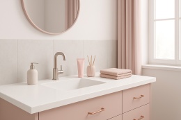 Nowoczesna łazienka z blatem SiQuartz Arktyka i subtelnymi dodatkami w odcieniach pudrowego różu i bieli.
