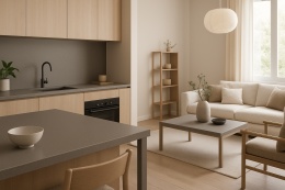 Kuchnia z blatem SiQuartz Grigio otwarta na salon w stylu japandi, z szafkami górnymi, stolikiem i jasnym wyposażeniem.