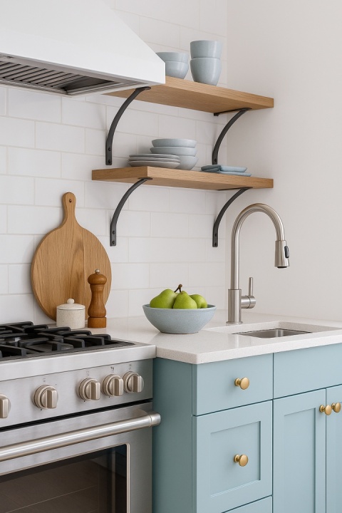 Nowoczesna kuchnia z blatem SiQuartz Tarent i dodatkami w kolorze gołębiego błękitu, z jasną zabudową i ciepłym oświetleniem.