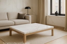 Nowoczesny salon z jasnymi parapetami i stolikiem kawowym z blatem z konglomeratu Statuario Gold.