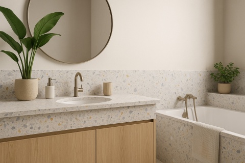 Elegancka łazienka z konglomeratem marmurowym Arabescato Bianco na blacie i obudowie wanny, jasnym drewnem .