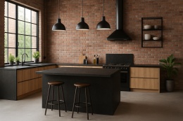 Kuchnia loftowa z ceglaną ścianą, wyspą i blatami z konglomeratu Santamargherita Ardenne, czarne akcenty, drewno, rośliny