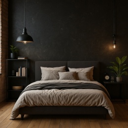 Sypialnia loftowa z ciemną ścianą wykończoną Santamargherita Ardenne, industrialne lampy, drewno, rośliny, cegła.