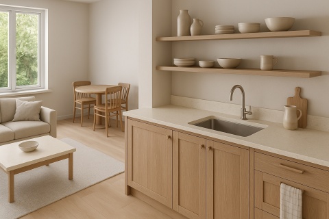 Przestronna kuchnia w stylu skandynawskim z widokiem na salon, z blatami i parapetami z konglomeratu Aurum Strand.