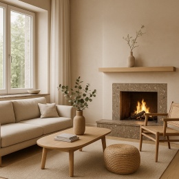 Salon w stylu Japandi z kominkiem i parapetem w konglomeracie Santamargherita Black Royal.