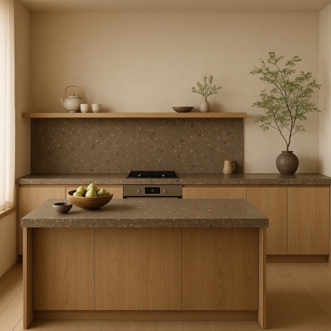 Styl japandi w salonie z kominkiem i parapetem wykonanymi z konglomeratu Santamargherita Black Royal.