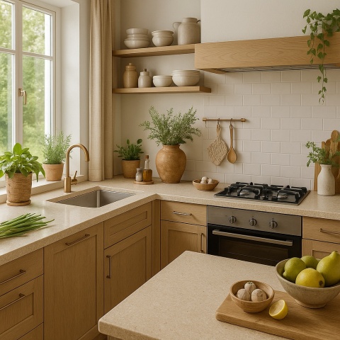 Naturalna kuchnia z blatami z konglomeratu marmurowego Botticino, jasnym drewnem i licznymi roślinami w doniczkach.