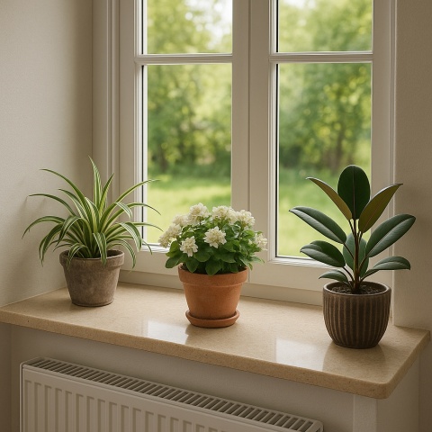 Wnętrze z białym oknem, na którego parapecie z konglomeratu marmurowego Botticino stoją doniczki z roślinami i kwiatami