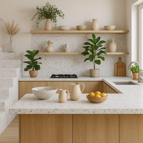 Jasna kuchnia z blatami i okładziną ścienną z konglomeratu marmurowego Arabescato Bianco, drewnianymi frontami .