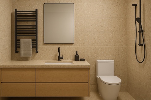 Elegancka łazienka z blatami i okładziną ścienną z konglomeratu marmurowego Breccia Aurora w ciepłym beżu.