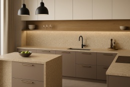 Nowoczesna kuchnia z blatami i wyspą z konglomeratu marmurowego Breccia Aurora w ciepłym beżu