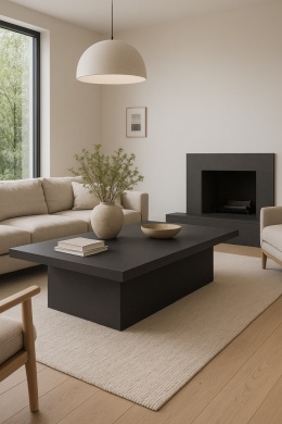 Nowoczesny salon z ciemnoszarym stolikiem i kominkiem z konglomeratu Caledonia, jasne sofy i drewniane akcenty.