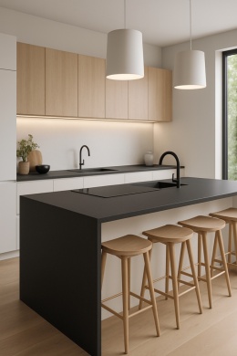 Nowoczesna kuchnia z wyspą i blatami z ciemnoszarego konglomeratu Santamargherita Caledonia, jasne fronty i drewniane hokery