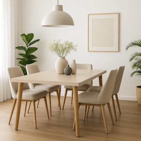 Jasna, nowoczesna jadalnia ze stołem z Santamargherita City Beige, eleganckie krzesła, rośliny, minimalistyczne dekoracje.