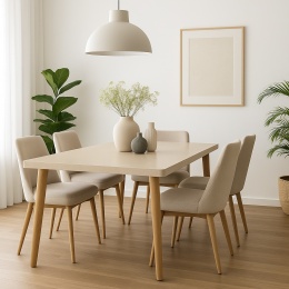 Jasna, nowoczesna jadalnia ze stołem z Santamargherita City Beige, eleganckie krzesła, rośliny, minimalistyczne dekoracje.